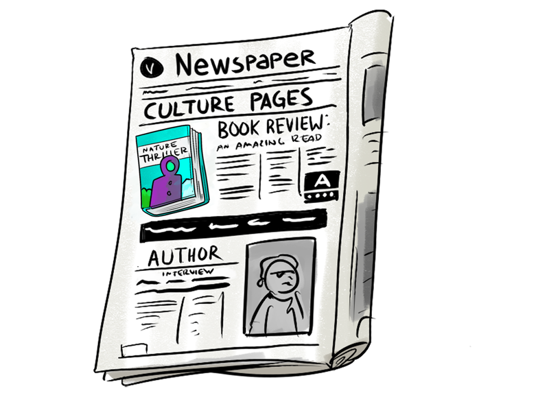A newspaper page with a book review on it