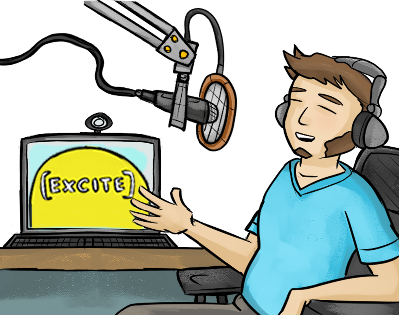 A man in a blue T-shirt and black trousers talking on the radio