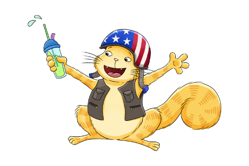 A cat wearing a helmet and a motorbike vest and holding a green milkshake
