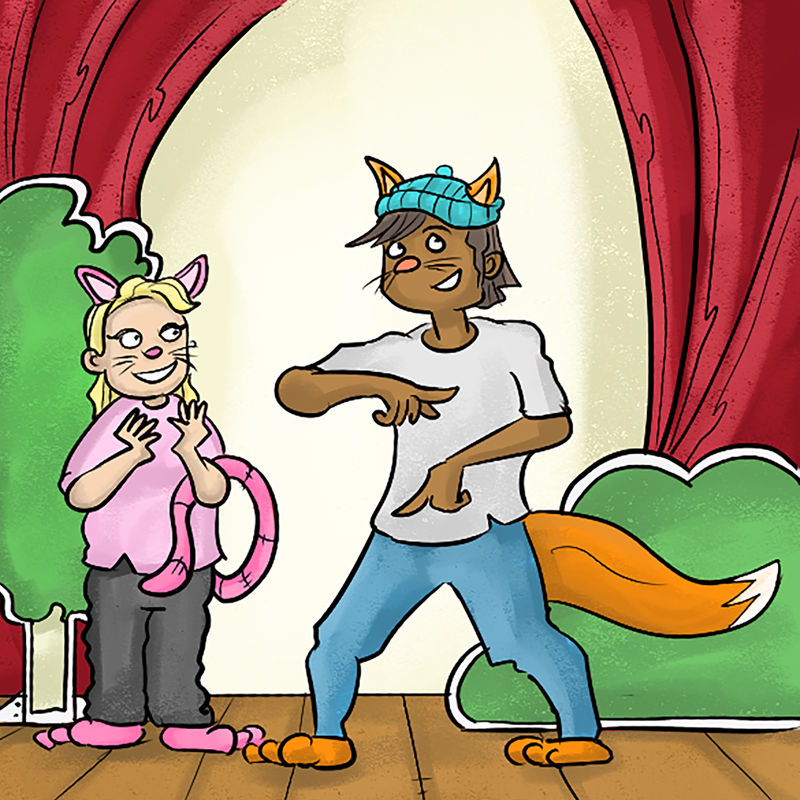 A couple wearing costumes and performing a play