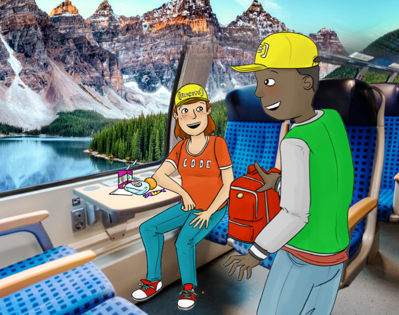 The main character talking to a girl on a train