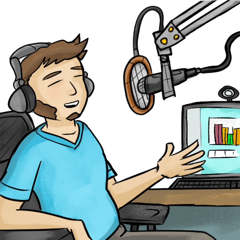 A man in a blue T-shirt and black trousers recording a podcast