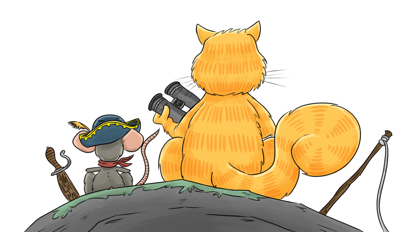 A yellow cat and a grey rat sitting and looking into the distance