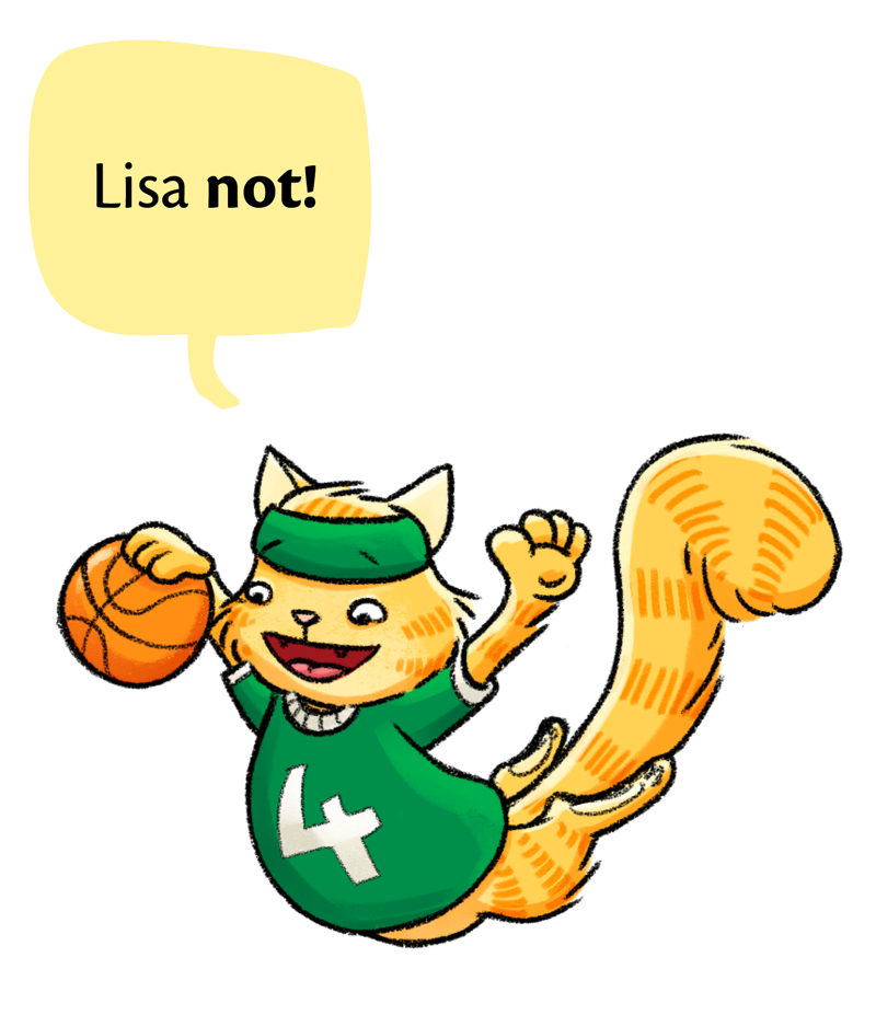 A cat playing basketball and talking about the negative form of the verb “be”