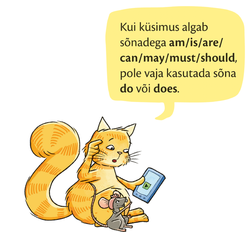 A cat and a rat looking at a mobile phone and talking about questions in the Present Simple