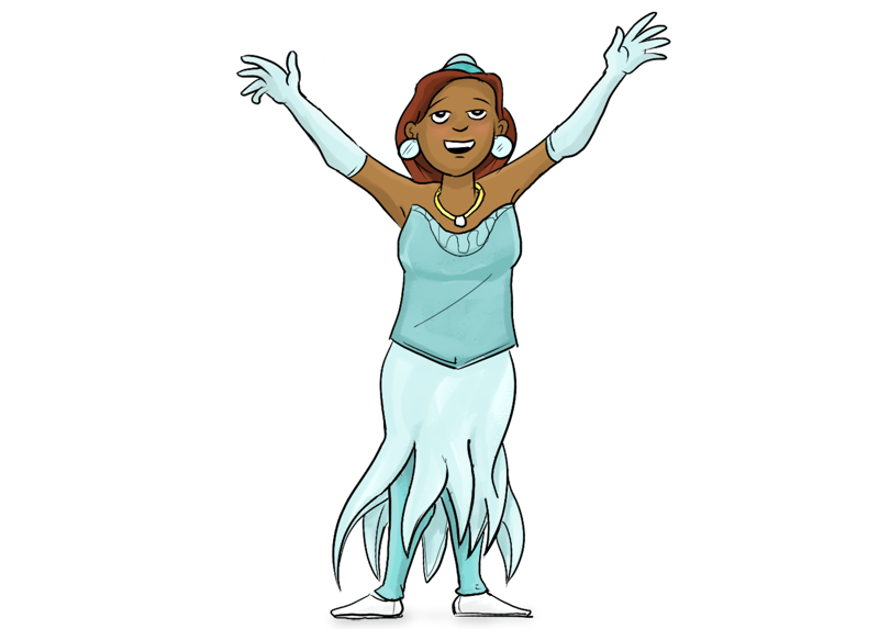 An actress in a light blue costume
