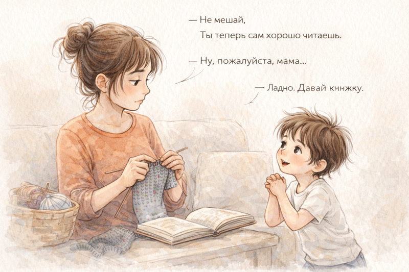Мама вяжет, а маленький сын просит почитать ему вслух. Рядом напечатан диалог: мама сначала отказывает, но потом соглашается взять книжку.