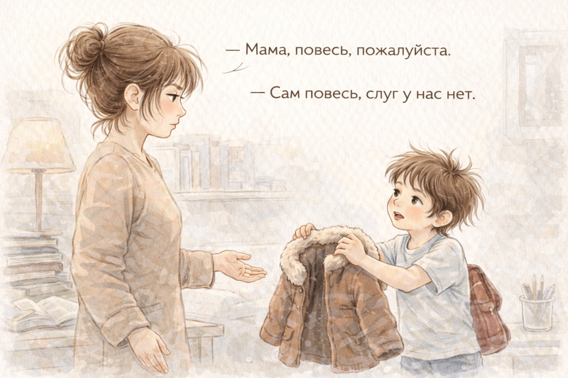 Мальчик с рюкзаком просит маму повесить его зимнюю куртку. Мама отвечает, что он должен сделать это сам. Рядом на картинке напечатан их короткий диалог.