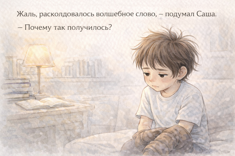 Грустный мальчик сидит на кровати и держит в руках куртку. Рядом на столе лежат книги и горит лампа. Вверху написан текст: мальчик думает, почему «волшебное слово» перестало помогать.
