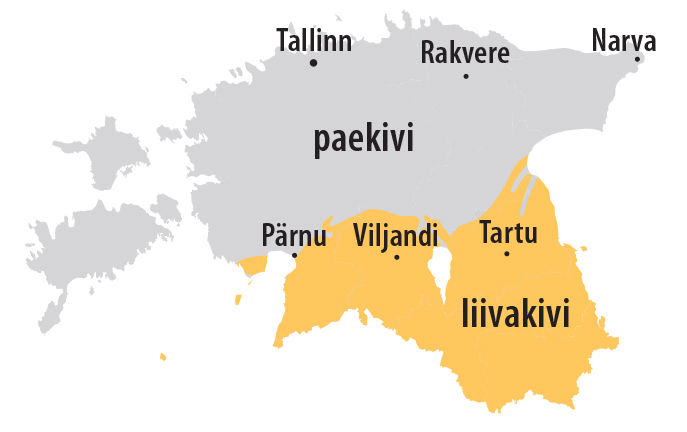 Eesti kaart. Põhjaosa hall, aluskivimiks paekivi. Pärnu-Viljandi-Tartu joonest allpool kollane, aluskivimiks liivakivi.